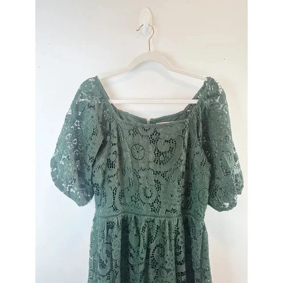 Nanette Lepore Dark Green Lace Midi Dress Puff Sleeve Holiday Size 8 - Picture 7 of 13